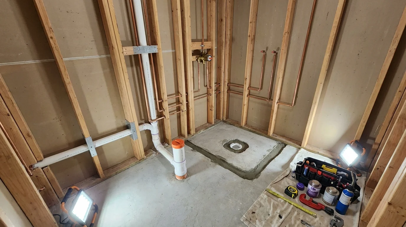 Bathroom rough-in plumbing during remodel by Johns Plumbing LLC in Wallis