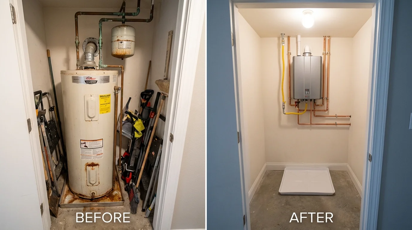 Tank water heater versus wall-mounted tankless unit comparison for Wallis, TX homeowners