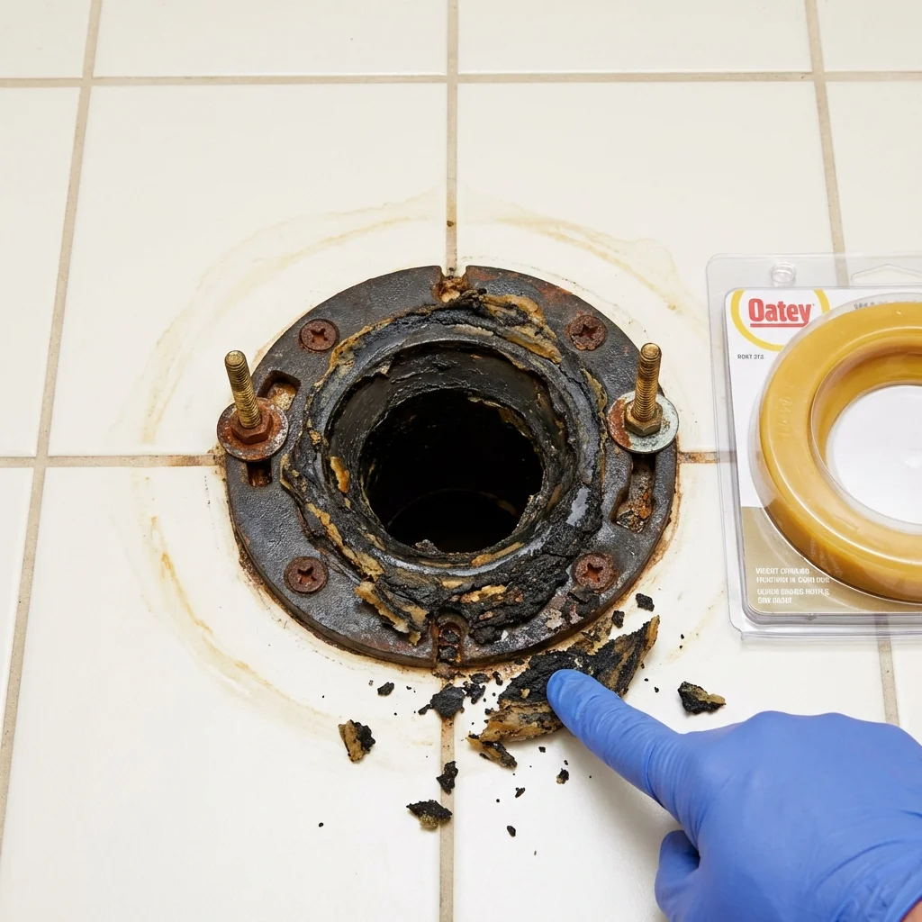 Failed wax ring showing water seepage at the base of a toilet in a Wallis, TX home