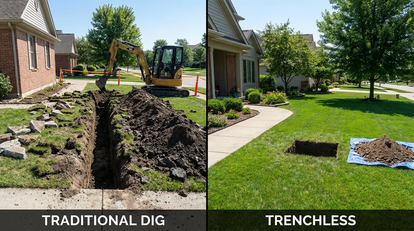 Trenchless sewer repair with minimal yard damage versus traditional excavation in Wallis, TX